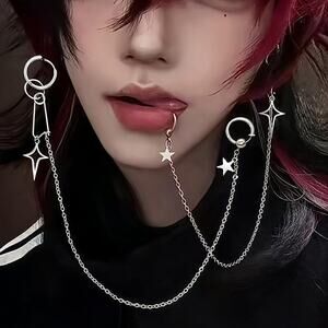 Faux Lip Piercing Clip Chain Earring Star Dangle Non-Pierced Jewelry Lip Chain